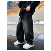 Baggy Jeans Boys for Teen Casual Straight Wide Leg Cargo Denim Pants (Black 11-12 Years)