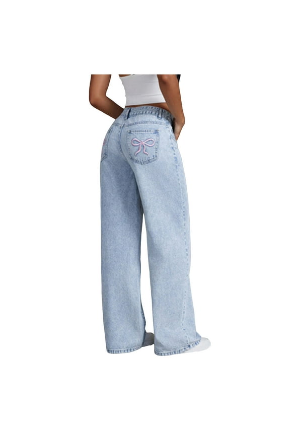 Baggy Jeans For Girls Elastic Girls Jeans Baggy Wide Leg Ripped Denim Pants Heart & Flower Print High Elastic Waisted Y2K Skater Outfits 8-12Y Casual Stretch Demin Pants