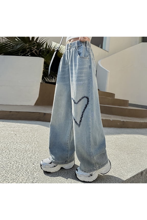 Baggy Jeans Kids Elastic High Waisted Drawstring Wide Leg Baggy Pants Casual Washed Denim Pants for kids Girls Cargo Pants for Girls 4T