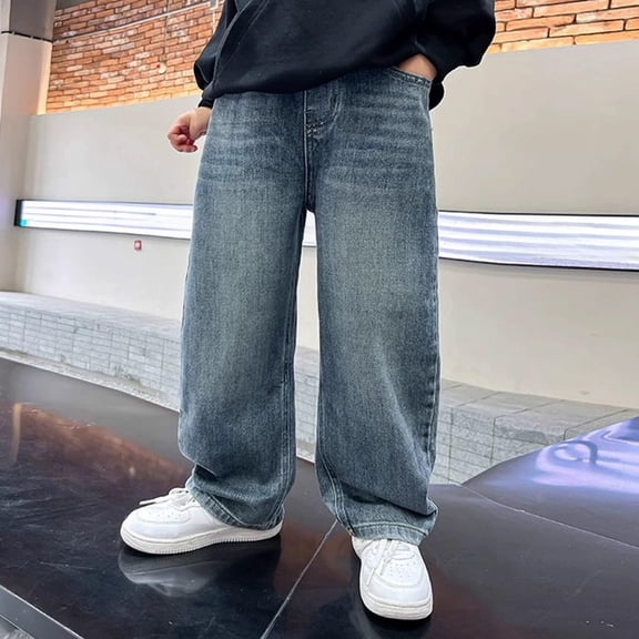 Baggy Jeans Kids Pink Boys Baggy Jeans Straight Wide Leg Cargo Jeans Casual Elastic Waist Loose Fit Denim Pants Y2K Streetwear with Pockets