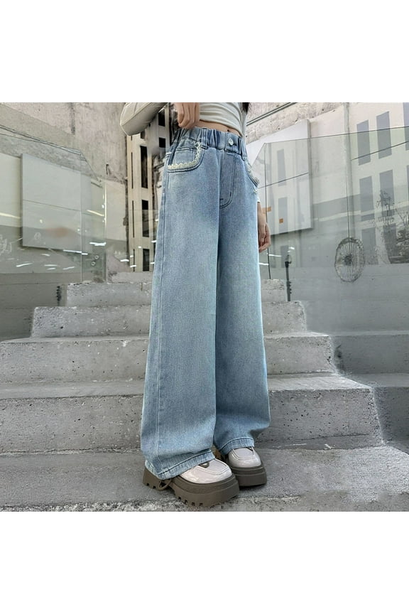 Baggy Jeans Kids Pull on Jeans Wide Leg Jean Denim Pants Sports Outdoor Loose Pants for kids Girls Boys Pants Size 4T