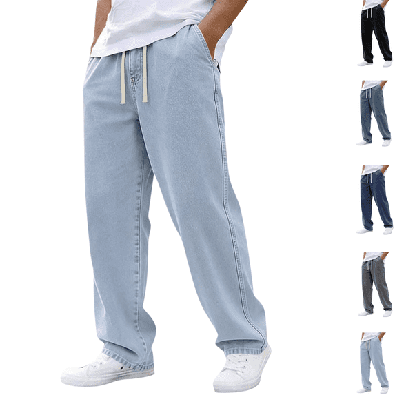 Baggy Jeans Men Fashion Elastic Waist Drawstring Wide Leg Jeans Outdoor Lightweight Comfy Casual Jeans Streetwear Light Blue 3XL