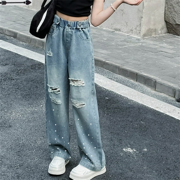 Baggy Jeans for Teen Girls Wide Leg Ripped High Elastic Waisted Denim Pants Cute Summer Trousers Y2K Loose Streetwear Ripped Jeans (9-10 Years, Light Blue)