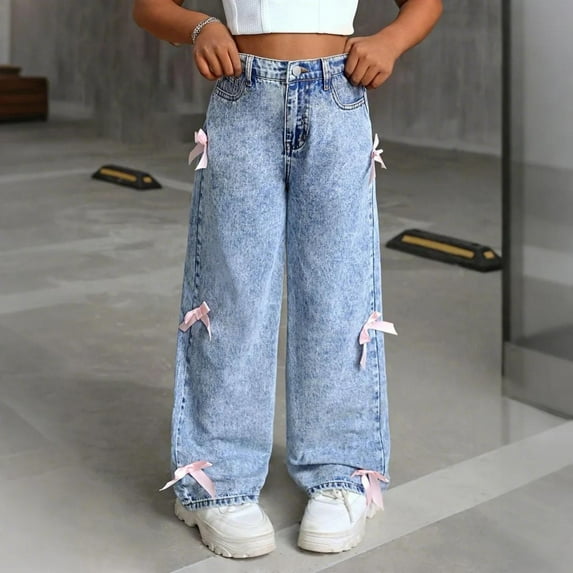 Baggy Jeans for Teen Girls Woman Bow Jeans High Waist Wide Leg Loose Pants Casual Streetwear Cute Clothes Skater Streetwear Aesthetic Scene Clothes (10-11 Years, Blue)