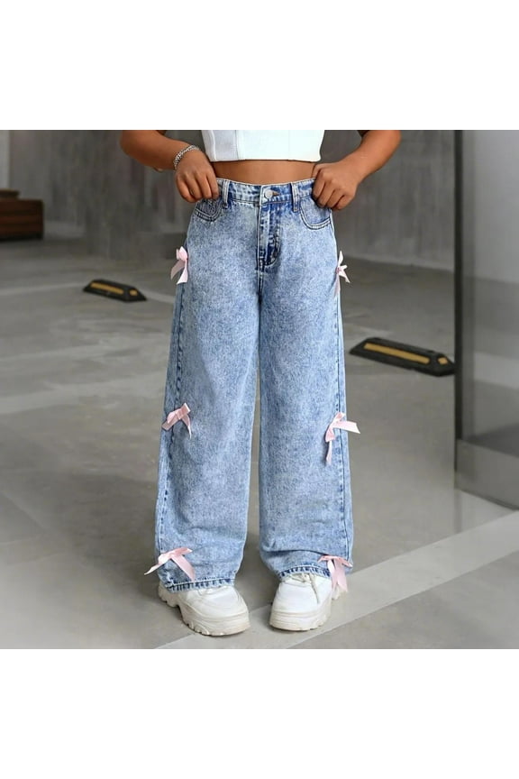 Baggy Jeans for Teen Girls Woman Bow Jeans High Waist Wide Leg Loose Pants Casual Streetwear Cute Clothes Skater Streetwear Aesthetic Scene Clothes (10-11 Years, Blue)