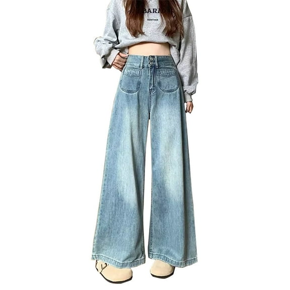Baggy Jeans for Woman, Comdrip Women's Straight Wide Leg Jeans High Waisted Stretchy Casual Wide Leg Loose Pants Straight Leg Jeans for Women Light Blue L