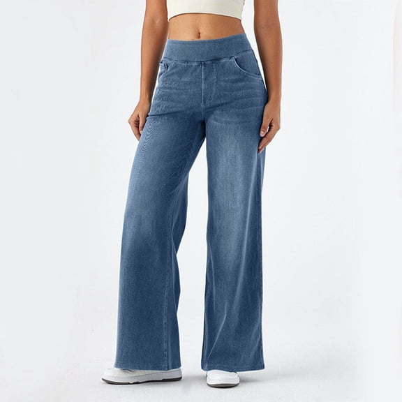 Baggy Jeans Women Pull On Wide Leg Jeans With Elastic Waistband High Waist Stretch Wide Leg Jeans Women With 4 Pockets