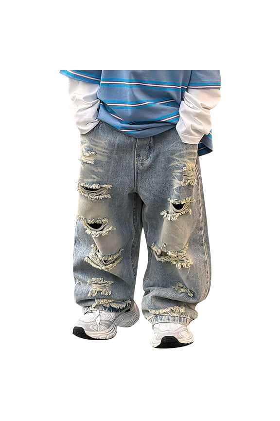 Baggy Jeans for Boys 8-10 Comfy Elastic Waist Pull on Wide Leg Jeans Relaxed Fit Stretchy Soft Casual Pants Back To School Clothes for Boys 10-12