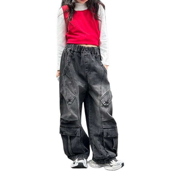 Baggy Jeans for Girls Cargo Denim Pants Loose Fit Hop Street Dance Casual Trousers for Kids Black 5 Years-6 Years