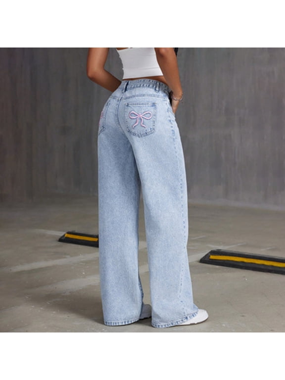 Baggy Jeans for Girls Cute Kids Bow Embroidery Wide Leg Denim Pants High Waist Trousers Y2k Tween Clothes Back to School 2026