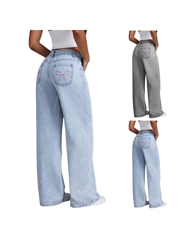 Baggy Jeans for Girls Elastic Girls Baggy Jeans High Elastic Waist Wide Leg Washed Light Blue Denim Pants Cute Y2K Teen Girl Jeans