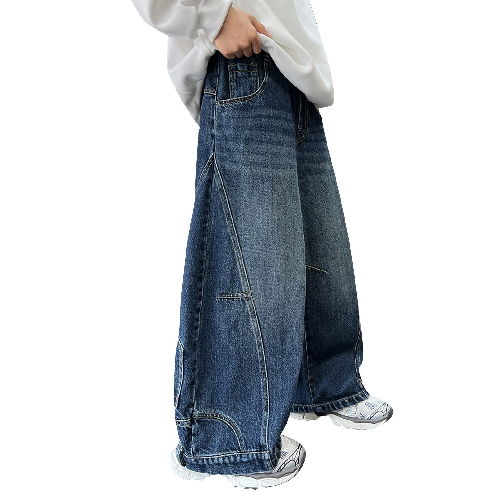 Maeau Jeans met wijde pijpen voor meisjes, denim broek recht, cargo-vrijetijdsbroek met elastische tailleband en zakken, maat 120-170, lichtblauw, 150
