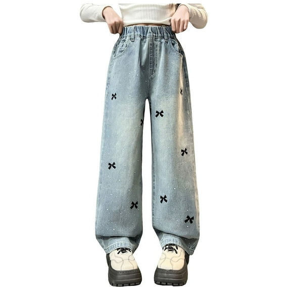 Baggy Jeans for Girls Heart Coquette Bow Embroidered Wide Leg Jeans Casual Y2K High Waist Cute Denim Pants Streetwear Girls Jeans Size 10-12