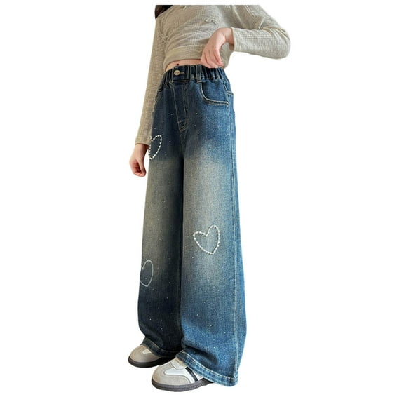 Baggy Jeans for Girls Size 10-12 Girls Elastic High Wasited Jeans Wide Leg Straight Y2k Embroidered Baggy Denim Pants Cute Loose Fit Denim Trousers