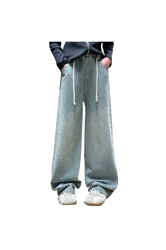 Baggy Jeans for Girls Wide Leg Denim Pants Kids Y2đ Streetwear Pearl Elastic Waisted Straight Leg Jeans Pull on Joggers