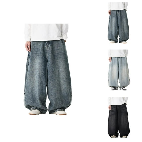 Baggy Jeans for Men 2025 Plus Size Wide Leg Loose Fit Non Stretch Casual Denim Pants with Pockets Trousers