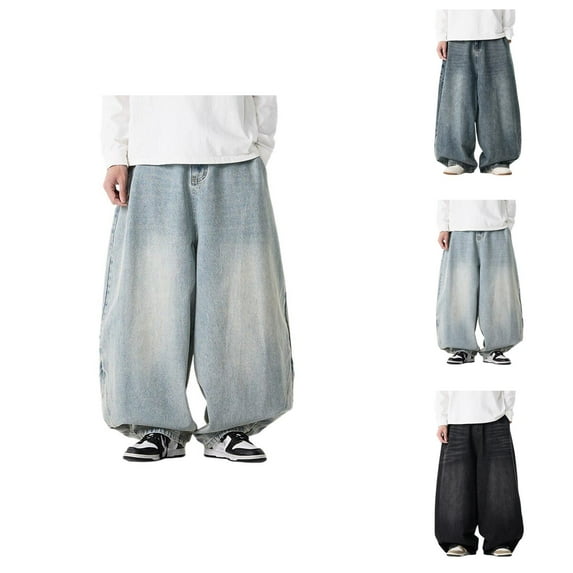 Baggy Jeans for Men 2025 Plus Size Wide Leg Loose Fit Non Stretch Casual Denim Pants with Pockets Trousers