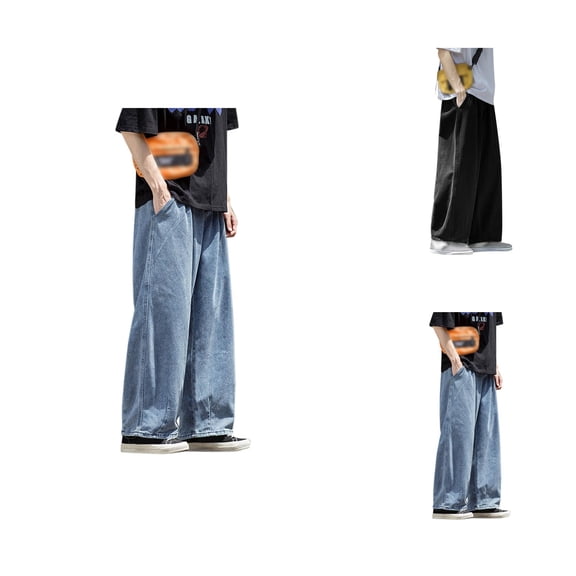 Baggy Jeans for Men Elastic Waist Plus Size Relaxed Fit Wide Leg Denim Pants with Pockets Streetwear Trousers