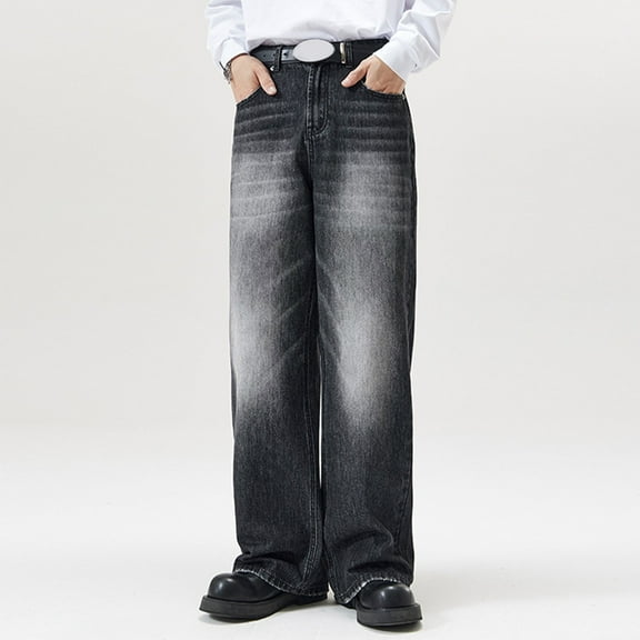 Baggy Jeans for Men Straight Leg Comfortable Casual Denim Pants Solid Color Lightweight Fall Travel Long Jeans with Pocket