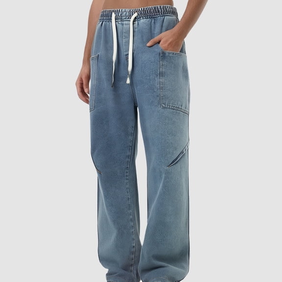 Baggy Jeans for Men Straight Leg Elastic Waist Denim Pants Casual Comfy Street Outdoor Hiking Pants with Pocket Blue XL