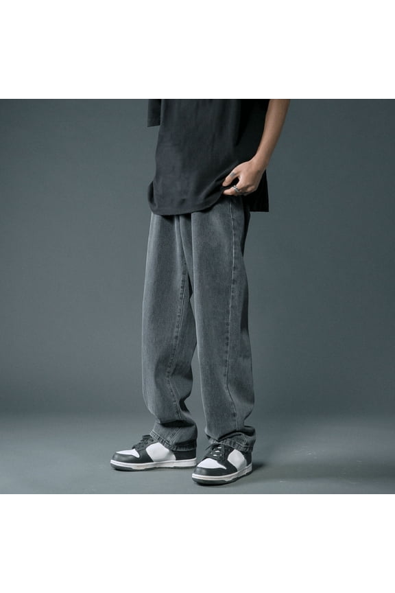 Baggy Jeans for Men Straight Leg Elastic Waist Denim Pants Fashion Comfy Lightweight Workwear Classic Jeans Trousers Grey L