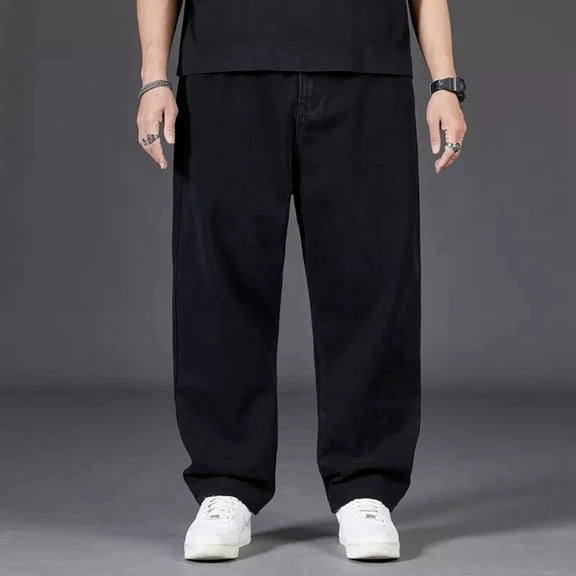 Baggy Jeans for Men Straight Leg Elastic Waist Denim Pants Fashion Solid Comfy Street Travel Long Jeans with Pocket Black 28
