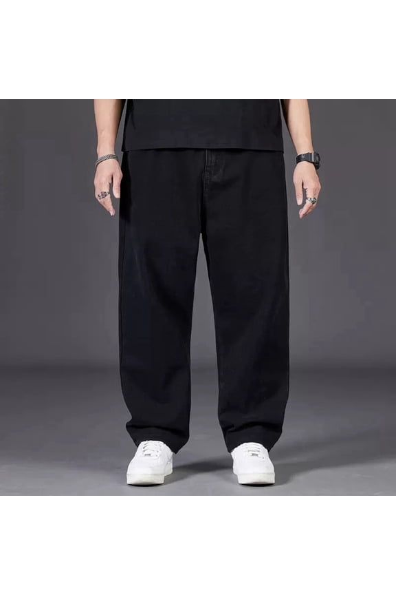 Baggy Jeans for Men Straight Leg Elastic Waist Denim Pants Fashion Solid Comfy Street Travel Long Jeans with Pocket Black 42