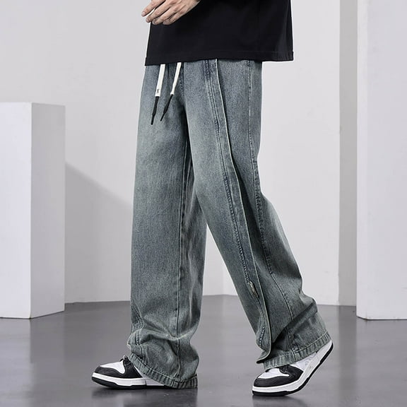 Baggy Jeans for Men Straight Leg Stretch Denim Pants Casual Lightweight Comfortable Travel Long Jeans with Pocket Grey L