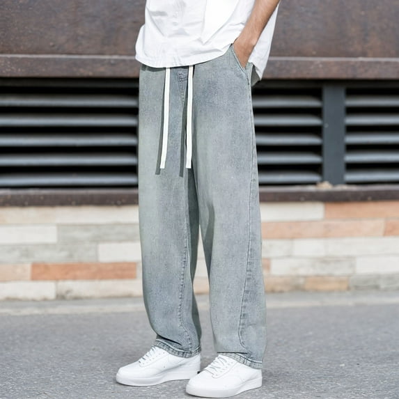 Baggy Jeans for Men Wide Leg Casual Denim Pants for Comfortable Stretch Solid Color Vintage Workwear Classic Jeans Trousers BU1 M