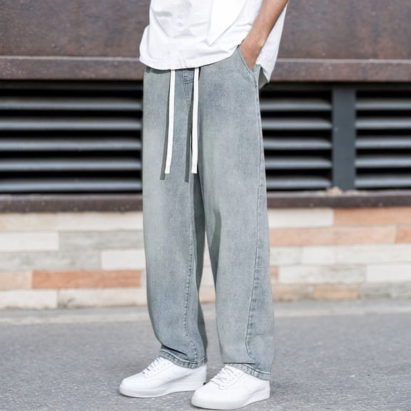 Baggy Jeans for Men Wide Leg Casual Denim Pants for Comfortable Stretch Solid Color Vintage Workwear Classic Jeans Trousers BU1 S