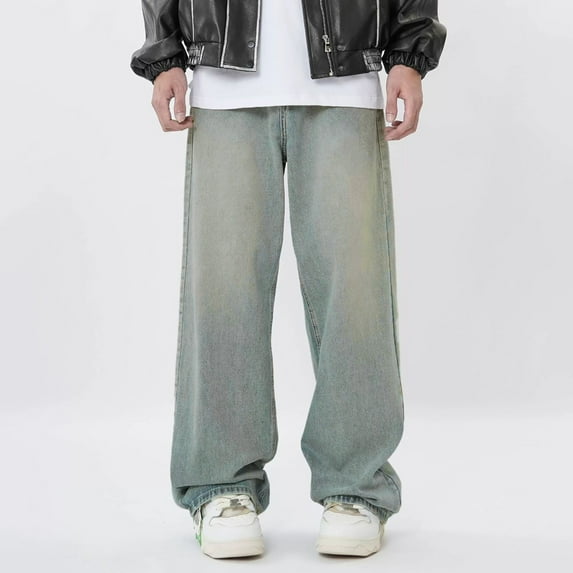 Baggy Jeans for Men Wide Leg Casual Denim Pants for Comfortable Stretch Solid Color Vintage Workwear Classic Jeans Trousers Blue S