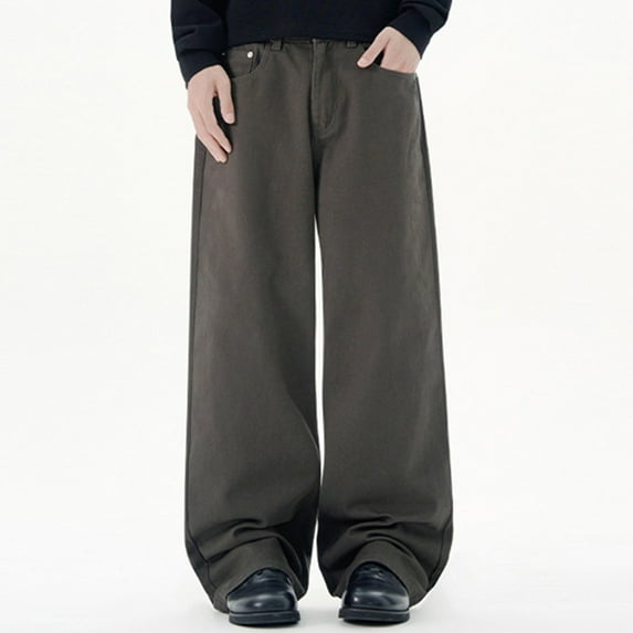 Baggy Jeans for Men Wide Leg Casual Denim Pants for Comfortable Stretch Solid Color Vintage Workwear Classic Jeans Trousers Grey S