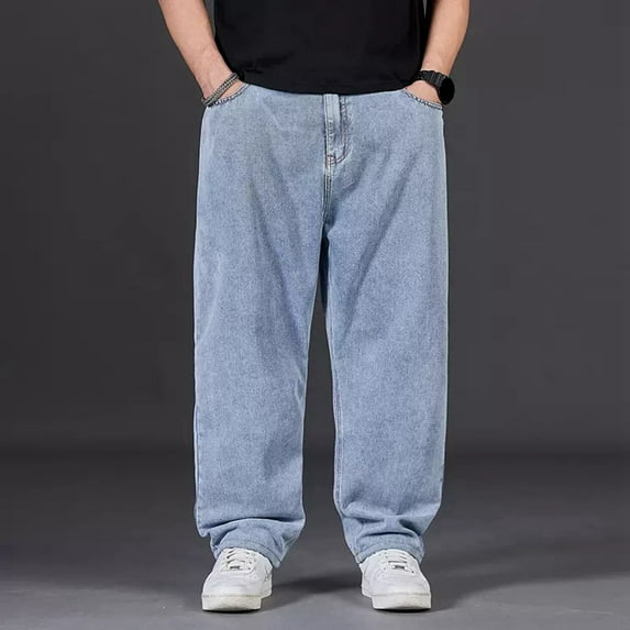 Baggy Jeans for Men Wide Leg Elastic Waist Denim Pants Plus Size Straight Casual Solid Color Fall Outdoor Hiking Pants with Pocket