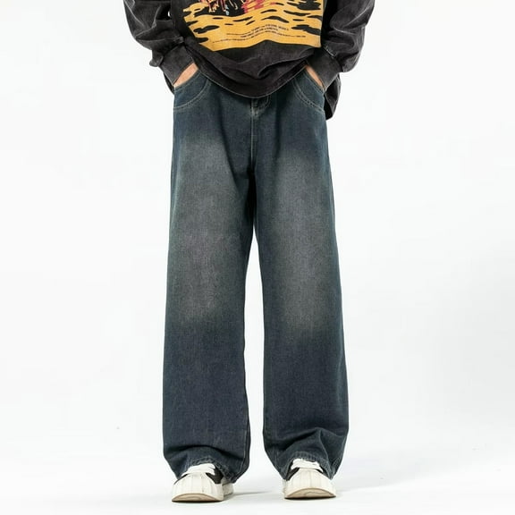 Baggy Jeans for Men Wide Leg Straight Denim Pants with High Street Casual Solid Color Fall Travel Long Jeans with Pocket