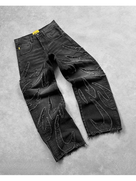 Baggy Jeans for Men Y2k Hip Hop Distressed Retro Black Pants Oversized Embroidery Harajuku Gothic Wide Leg Trousers Streetwear