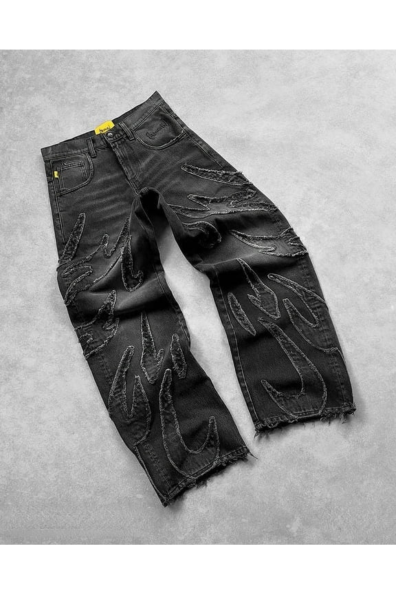 Baggy Jeans for Men Y2k Hip Hop Distressed Retro Black Pants Oversized Embroidery Harajuku Gothic Wide Leg Trousers Streetwear
