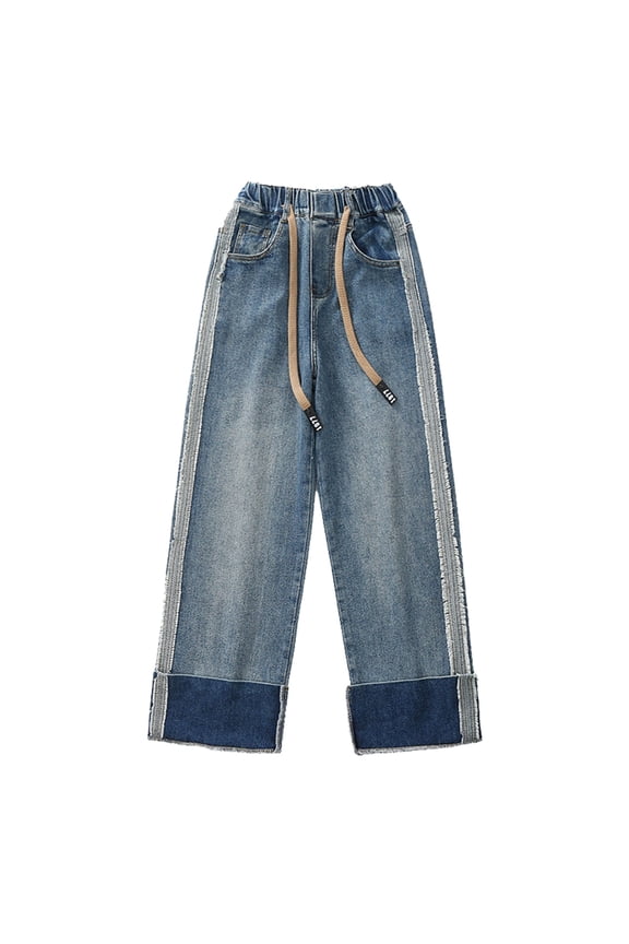 Baggy Jeans for Teen Girls Wide Leg Jeans Kids Y2𝐊 Elastic Waist Straight Leg 𝐁oyfriend Jeans Roll up Hem Denim Pants