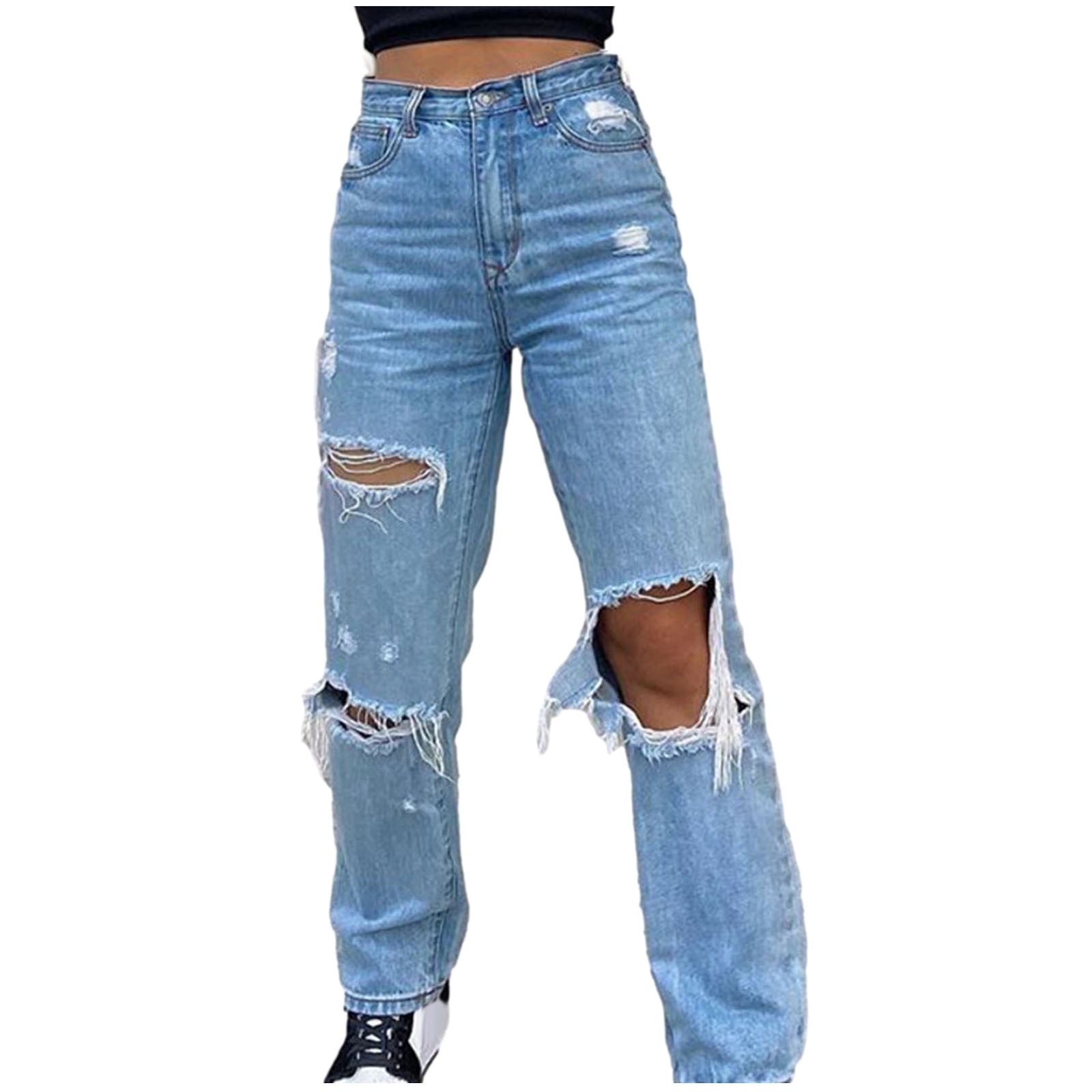 Baggy Jeans for Women High Rise Straight-Leg Jean Solid Blue M ...