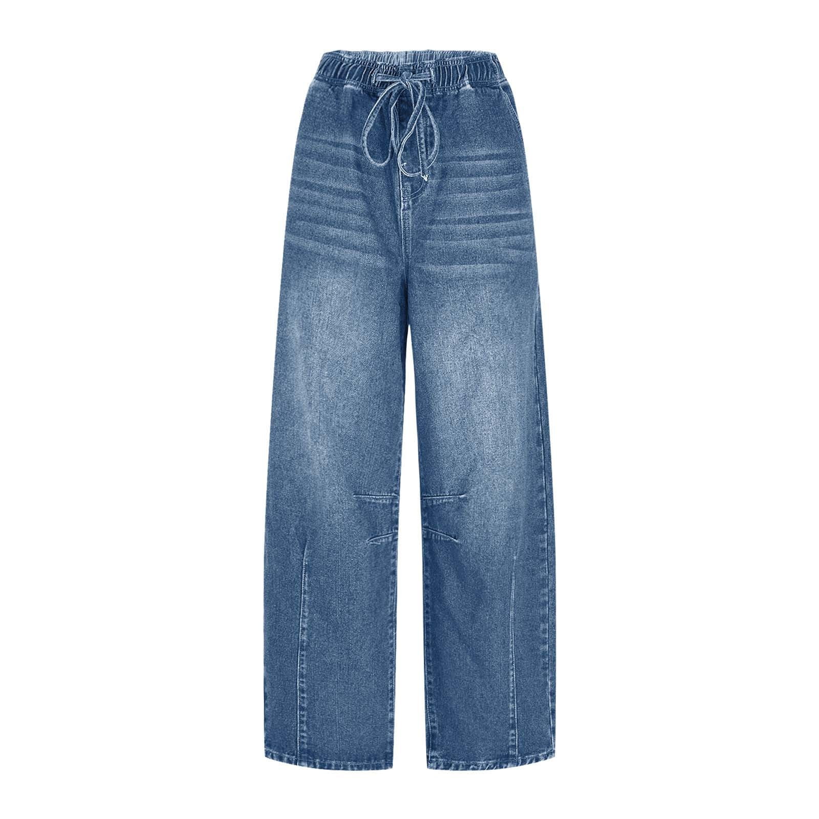 Baggy Jeans for Women High Waisted Wide Leg Jeans Elastic Waist Strechy Drawstring Pull On Denim Pants with Pockets