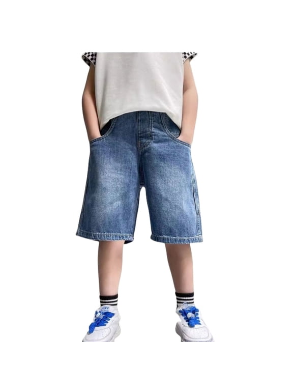 Boys Jean Shorts 7-8 Years Boys' Knee-Length Denim Shorts Cool Baggy Style with Ripped Design for Summer Wear #Blue