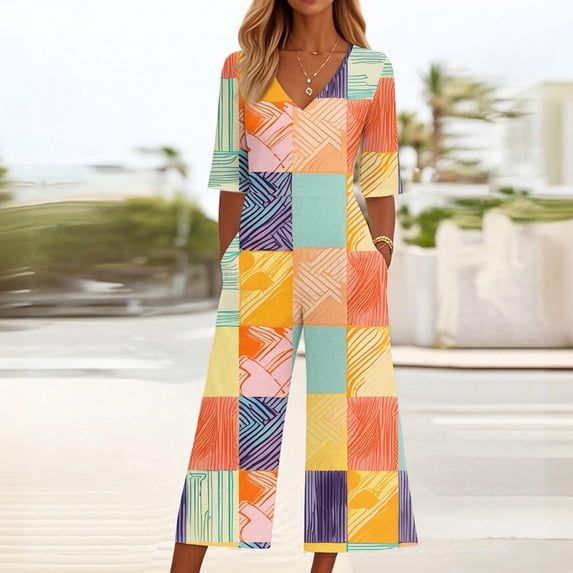 Baggy Jumpsuits For Women Summer Short Sleeve Overalls V Neck Loose Wide Leg Floral One Piece Rompers With Pockets Orange L