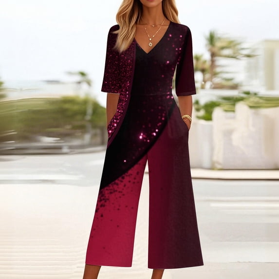 Baggy Jumpsuits For Women Summer Short Sleeve Overalls V Neck Loose Wide Leg Floral One Piece Rompers With Pockets Red S