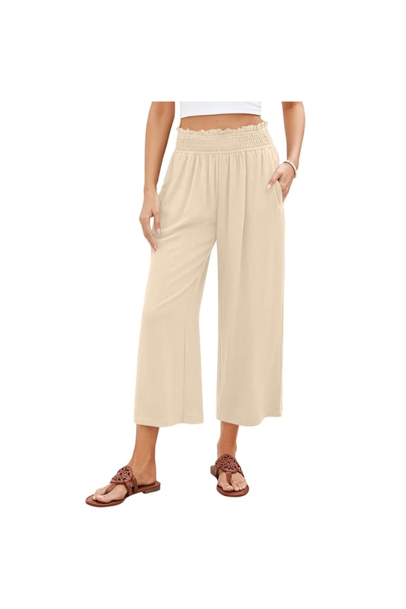 Baggy Linen Capri Pants Women High Waist Wide Leg Stretch Cropped Pants Elastic Comfy Dressy Gauze Pants with Pockets Beige L