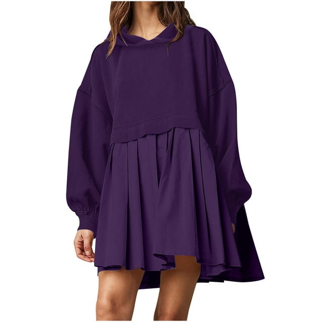 Baggy Long Sleeve Hoodie Sweatshirt Mini Dress Pleated Plain Cute ...