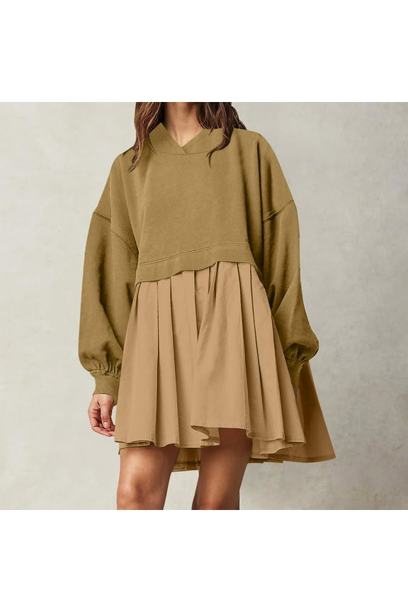 Baggy Long Sleeve Hoodie Sweatshirt Mini Dress Pleated Plain Cute Pullover Hooded Fall Sports Babydoll Short Dress (Small, Khaki)