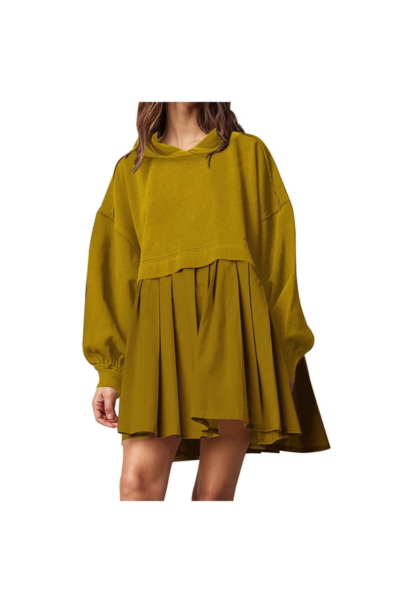 Baggy Long Sleeve Hoodie Sweatshirt Mini Dress Pleated Plain Cute Pullover Hooded Fall Sports Babydoll Short Dress (Small, Yellow)
