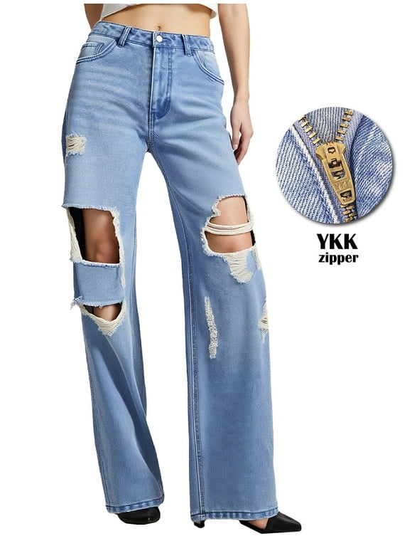 Baggy Mid Waisted Wide Leg Jeans for Woman Trendy, Inelastic Loose Fit Ripped Denim Jeans Distressed Denim Pants