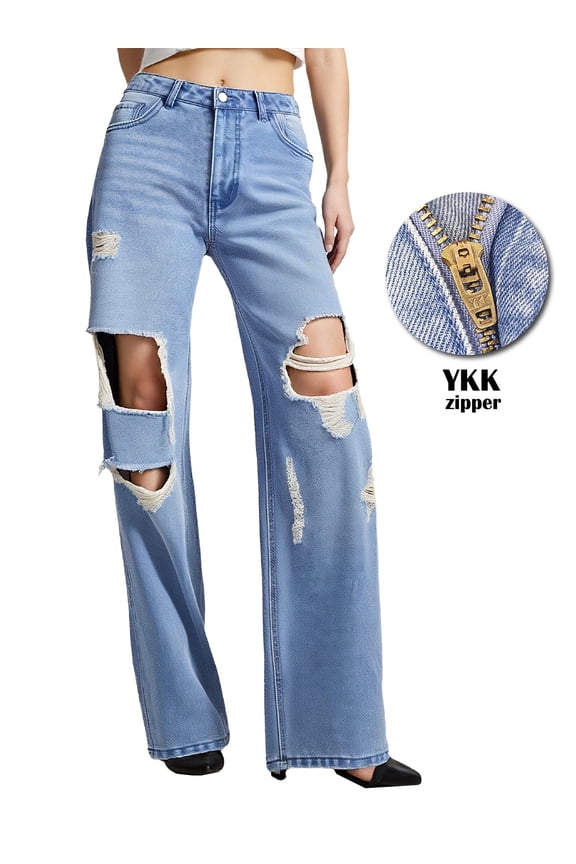 Baggy Mid Waisted Wide Leg Jeans for Woman Trendy, Inelastic Loose Fit Ripped Denim Jeans Distressed Denim Pants