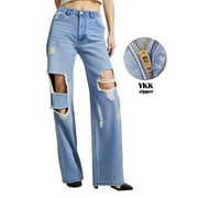 PAOLA RIBONI Baggy Mid Waisted Wide Leg Jeans for Woman Trendy, Inelastic Loose Fit Ripped Denim Jeans Distressed Denim Pants
