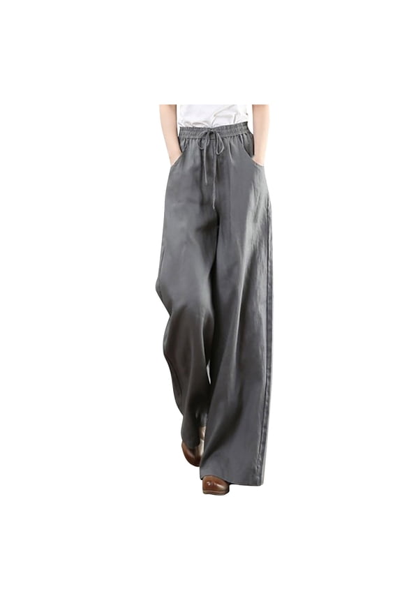 Baggy Pants New Plus Size Pants for Women Casual Linen Pants Summer Comfy Wide Leg Drawstring Elastic Waist Loungewear Pants Womens Pants Gray L